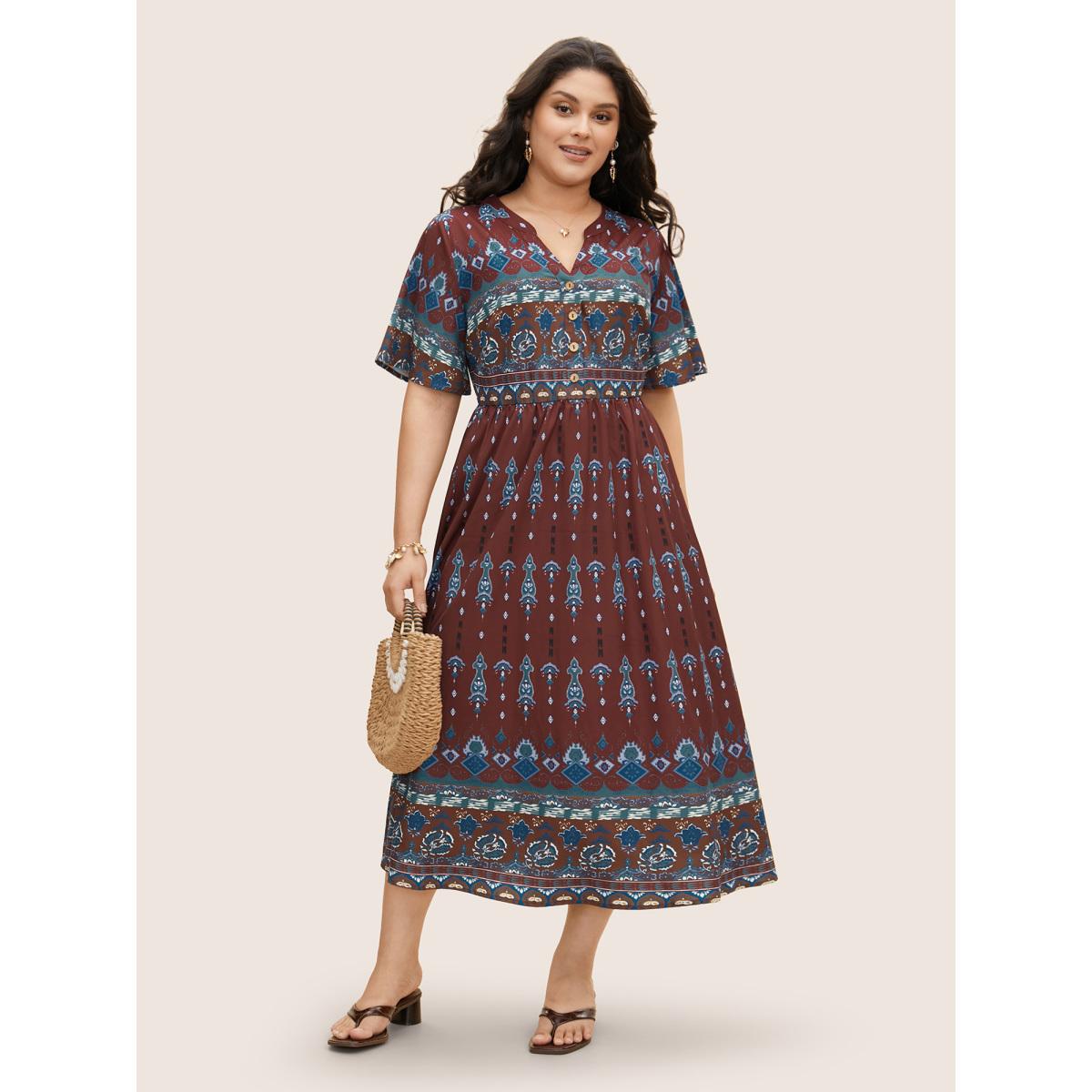 Plus Size Bandana Print Notched Button Detail Dress Scarlet Women Resort Gathered Notched collar Short sleeve Curvy BloomChic 18-20/2X Product Image