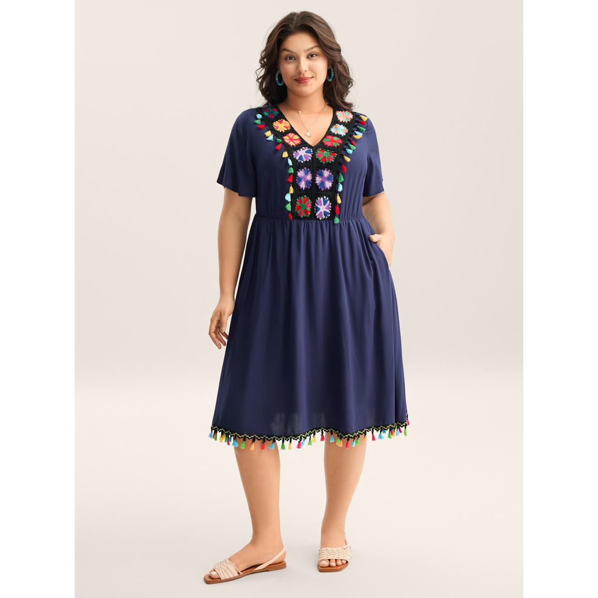 Plus Size Rayon Colorful Tassels Stretchy Waist Midi Dress Navy Women V-neck Short sleeve Curvy BloomChic 14-16/1X Product Image