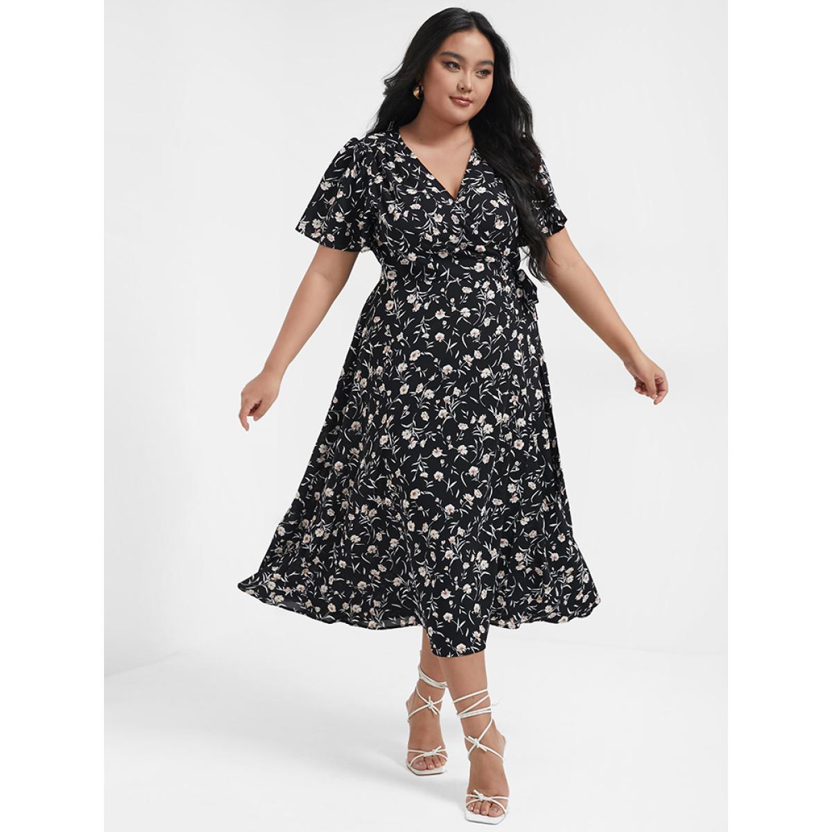 Plus Size Floral V Neck Ties Ruffled Split Midi Dress BlackFlower Women Elegant Slit V-neck Short sleeve Curvy Midi Dress BloomChic 26/4X Product Image