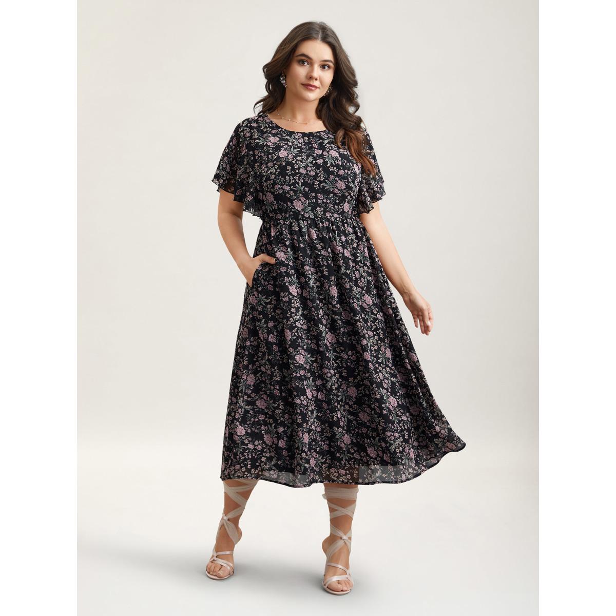 Plus Size Chiffon Floral Print Ruffled Midi Dress BlackFlower Women Romantic Ruffles Round Neck Short sleeve Curvy BloomChic 22-24/3X Product Image