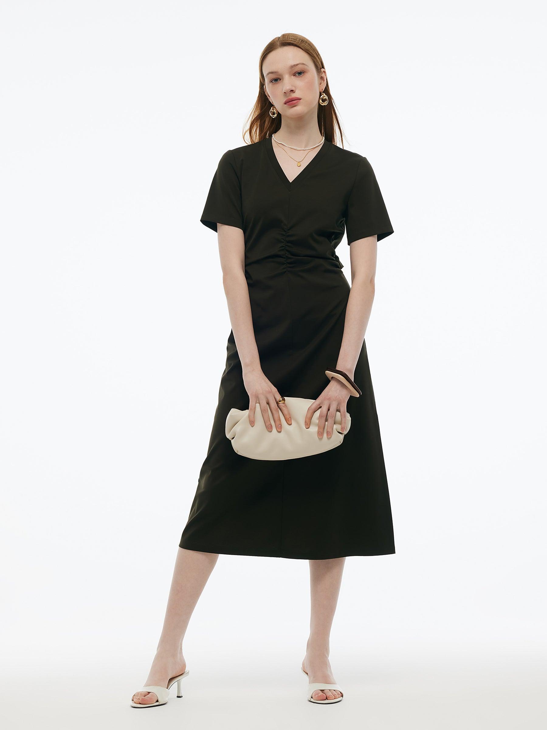 Tencel-blend Gathered Waist Women Tuck Detail Midi Knit Dress Product Image