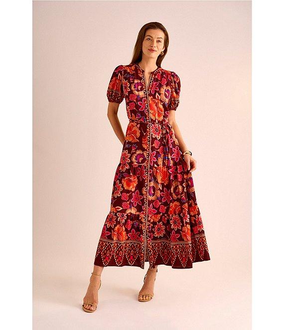 Vince Camuto Woven Floral V-Neck Short Puff Sleeve Button Front Tiered Maxi Dress Product Image