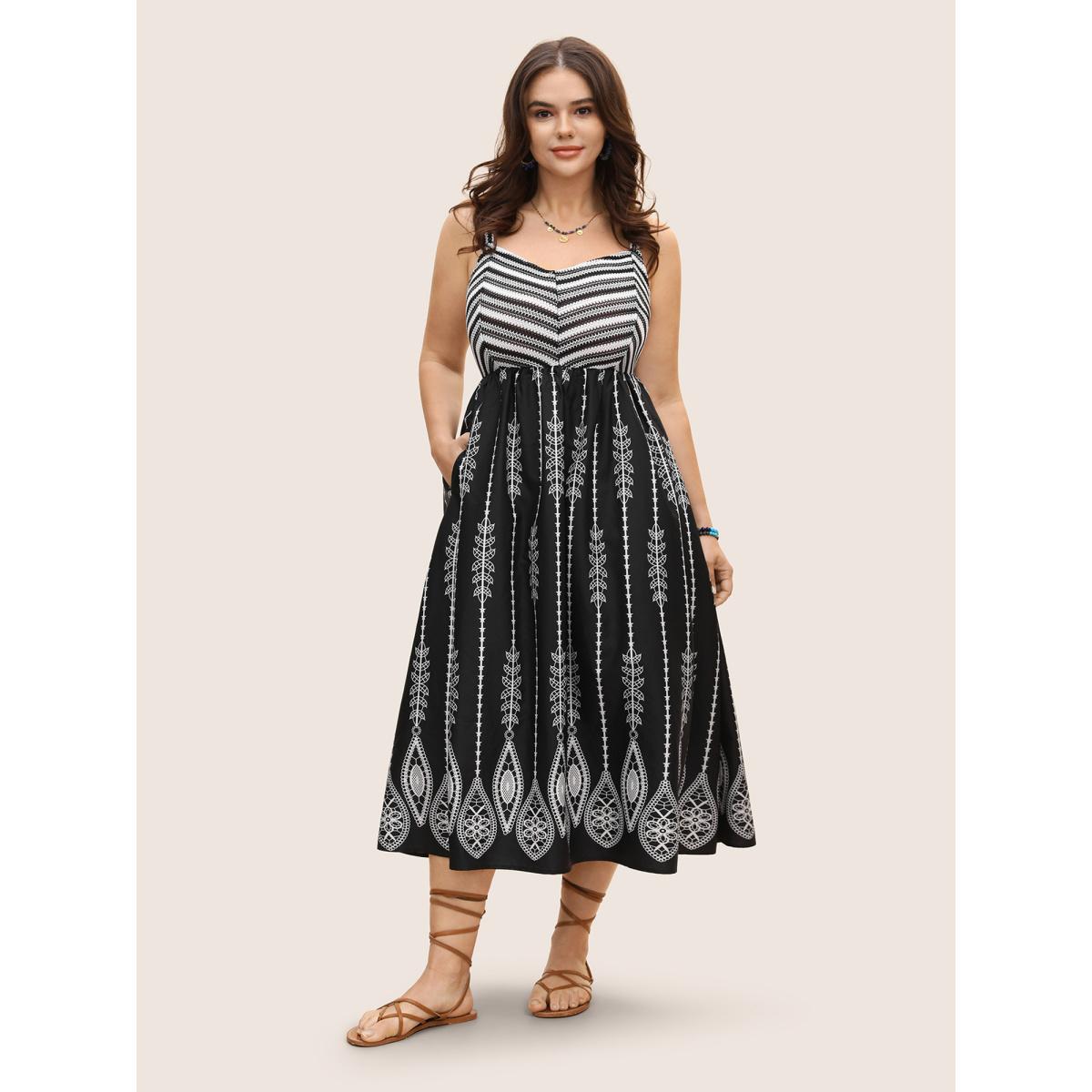 Plus Size Bandana Print Elastic Waist Gathered Midi Dress Black Women Resort Gathered V-neck Sleeveless Curvy BloomChic 14-16/1X Product Image