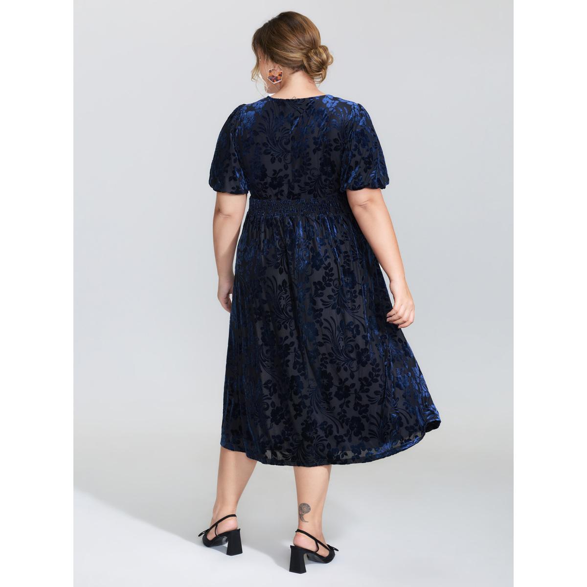 Plus Size Flocked Laser Cut Pleated Waist Midi Dress DarkBlue Women Romantic V-neck Short sleeve Curvy BloomChic 10/M Product Image