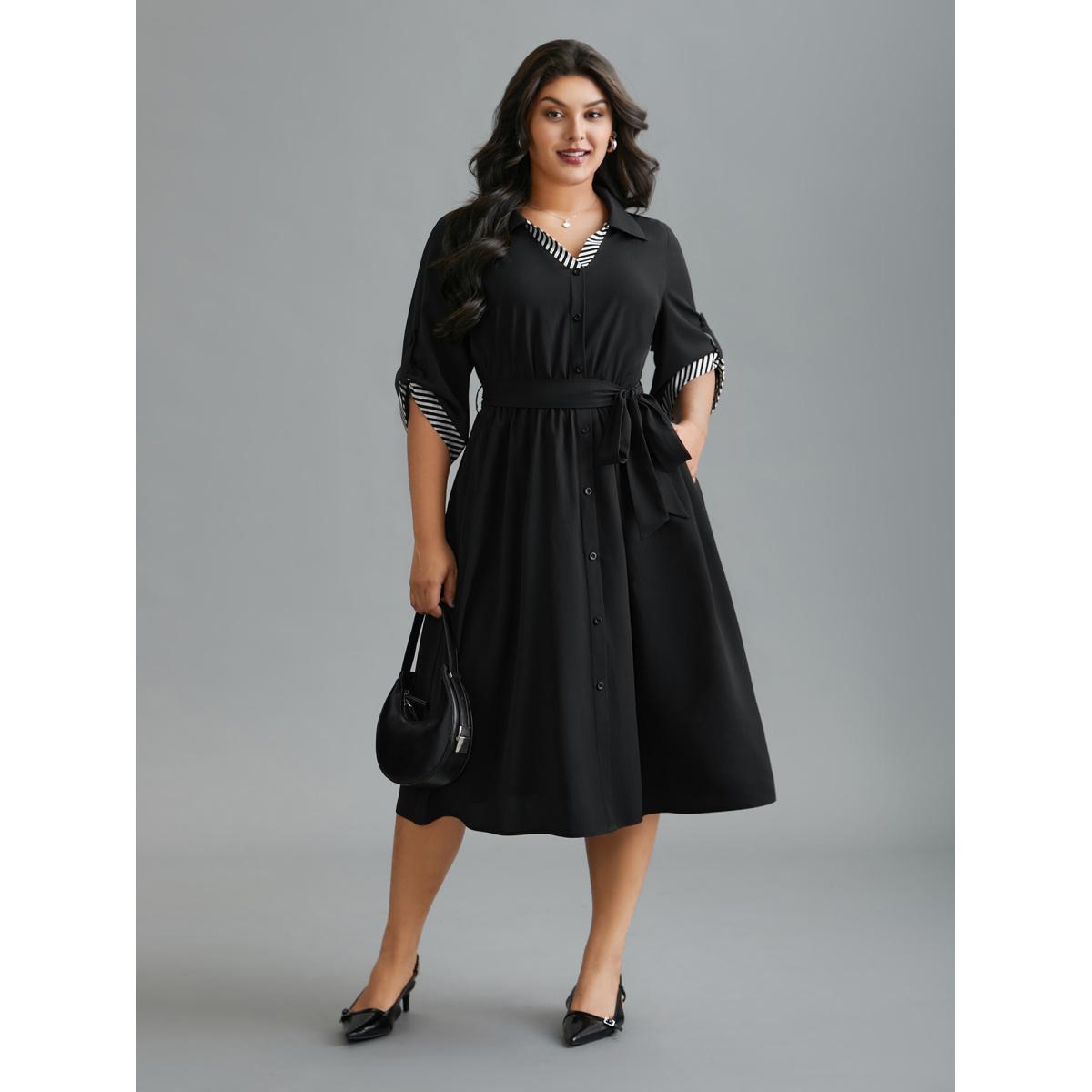 Plus Size Tab Sleeve Striped Belted Shirt Dress Black Women At the Office Belted Shirt collar Elbow-length sleeve Curvy BloomChic 12/L Product Image