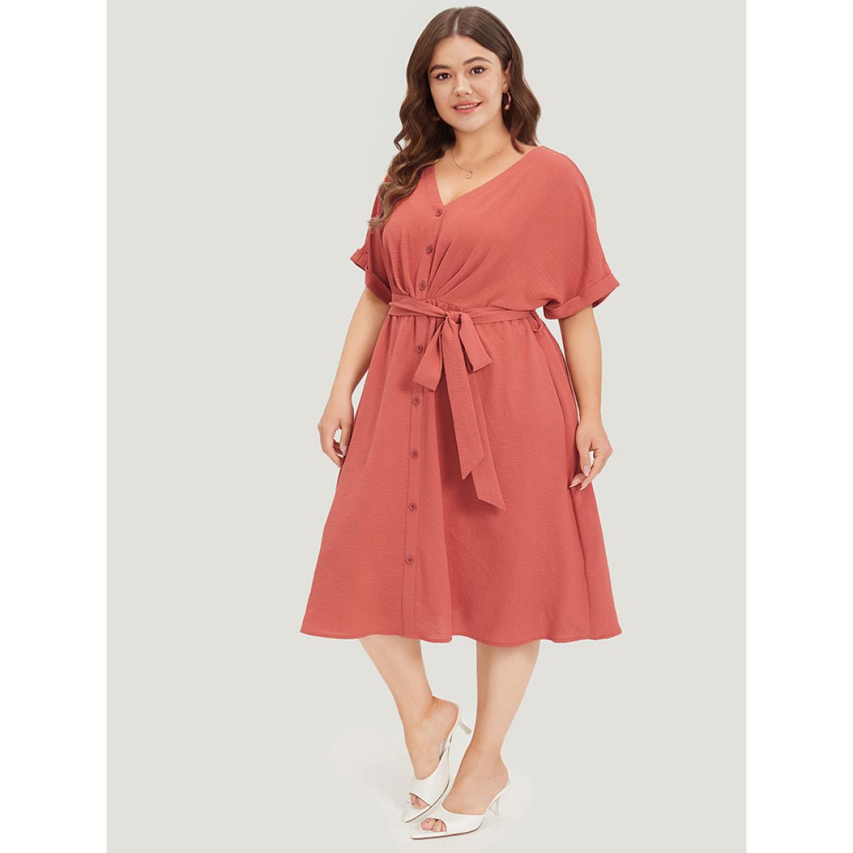 Plus Size Solid Pocket Button Detail Ties Roll Sleeve Dress Rust Women Office Plain V-neck Short sleeve Curvy Midi Dress BloomChic 12/L Product Image