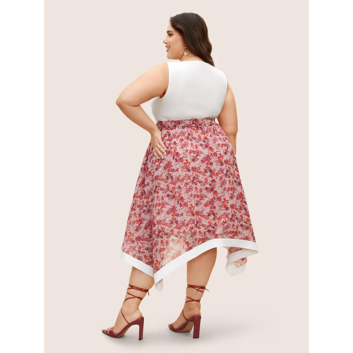 Plus Size Ditsy Floral Patchwork Hanky Hem Midi Dress Lightpink Women Elegant Belted Round Neck Sleeveless Curvy BloomChic 18-20/2X Product Image