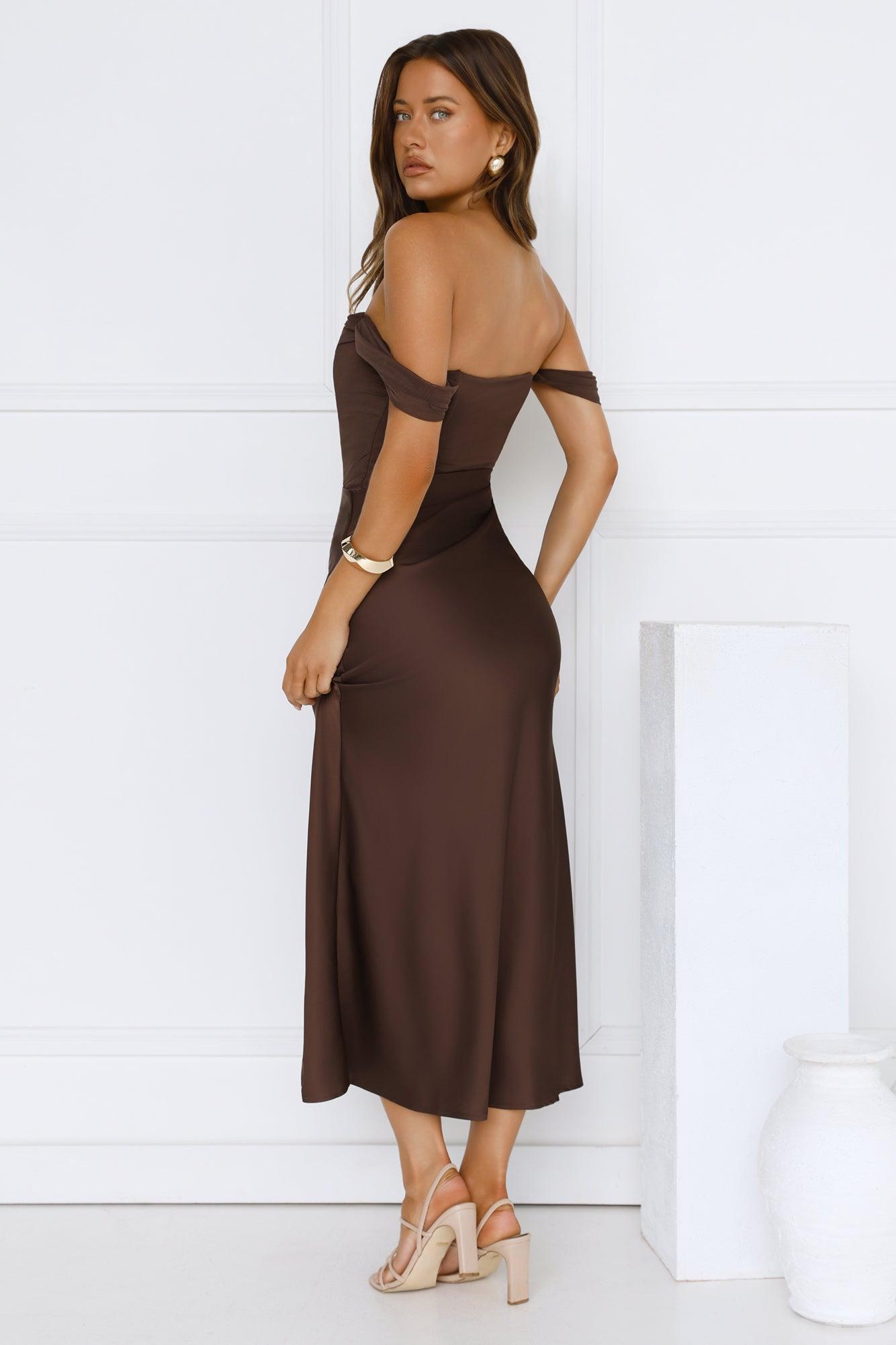Evening Muse Off Shoulder Mesh Maxi Dress Brown Product Image