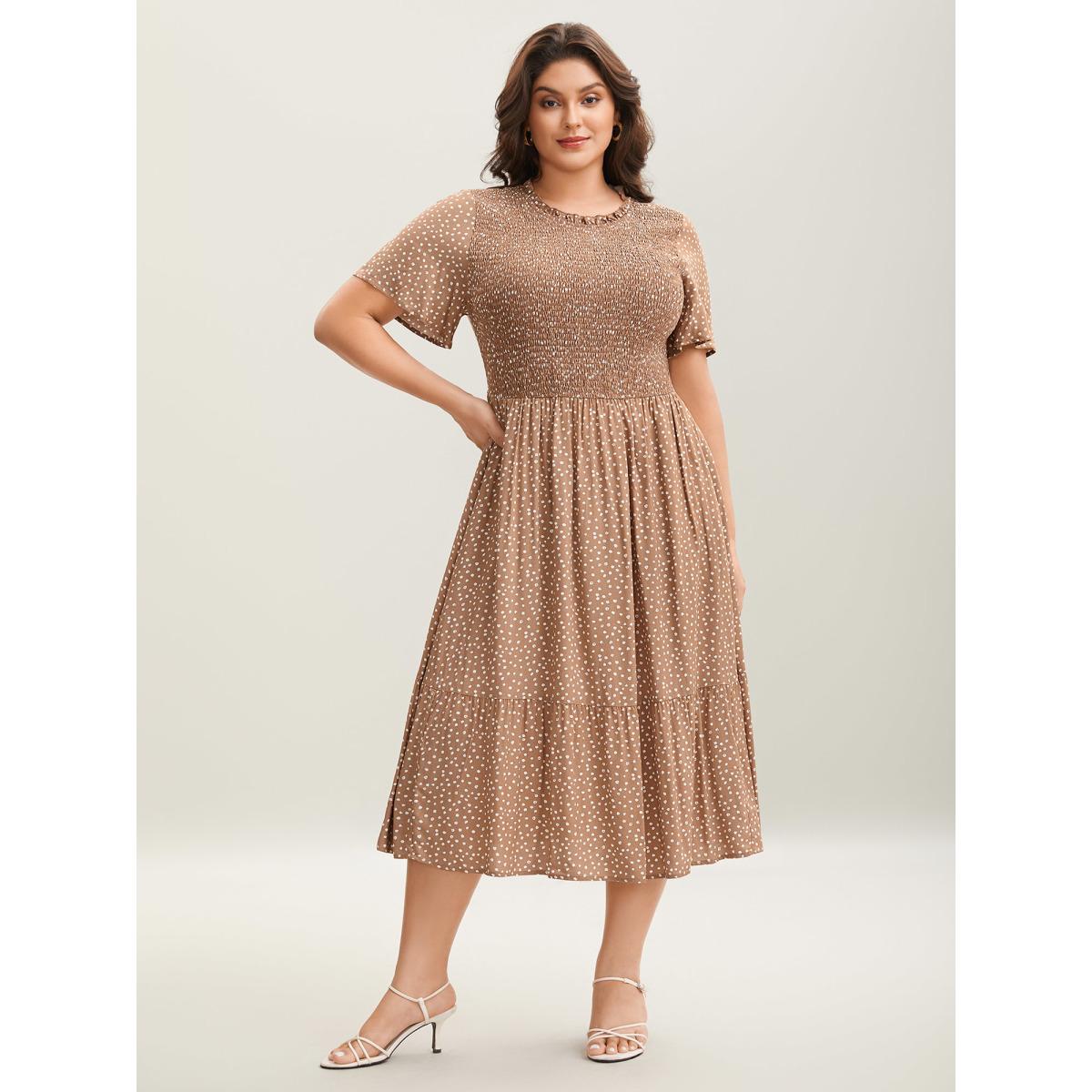 Plus Size Shirred Polka Dots Pockets Midi Dress Tan Women Round Neck Short sleeve Curvy BloomChic 18-20/2X Product Image