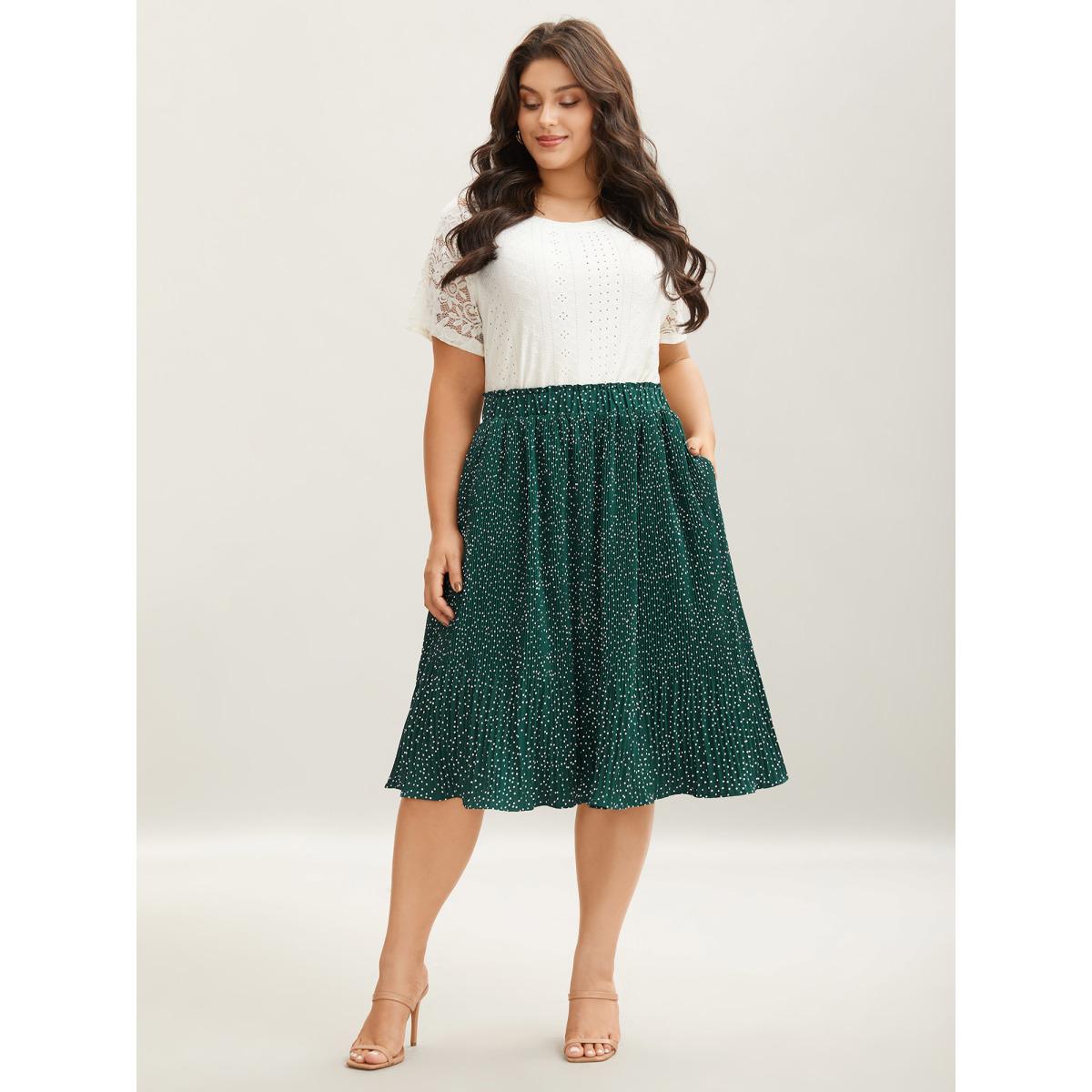 Plus Size Fine Dots Print Smocked Waist Midi Skirt Women DarkGreen Elegant Pleated Bodycon Low stretch Side seam pocket Everyday-Elegant Skirts BloomChic 10/M Product Image