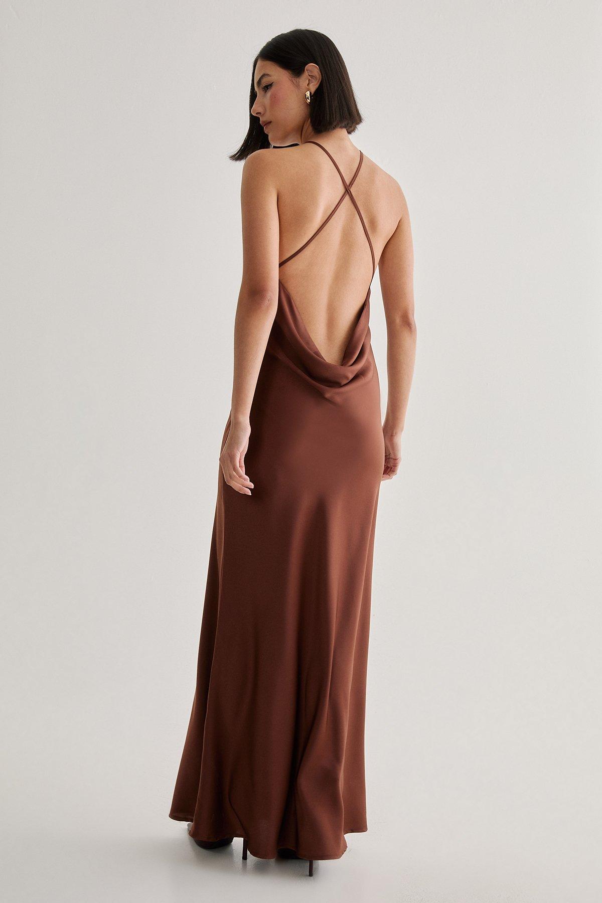 Satin Halter Neck Cowl Back Maxi Dress Product Image