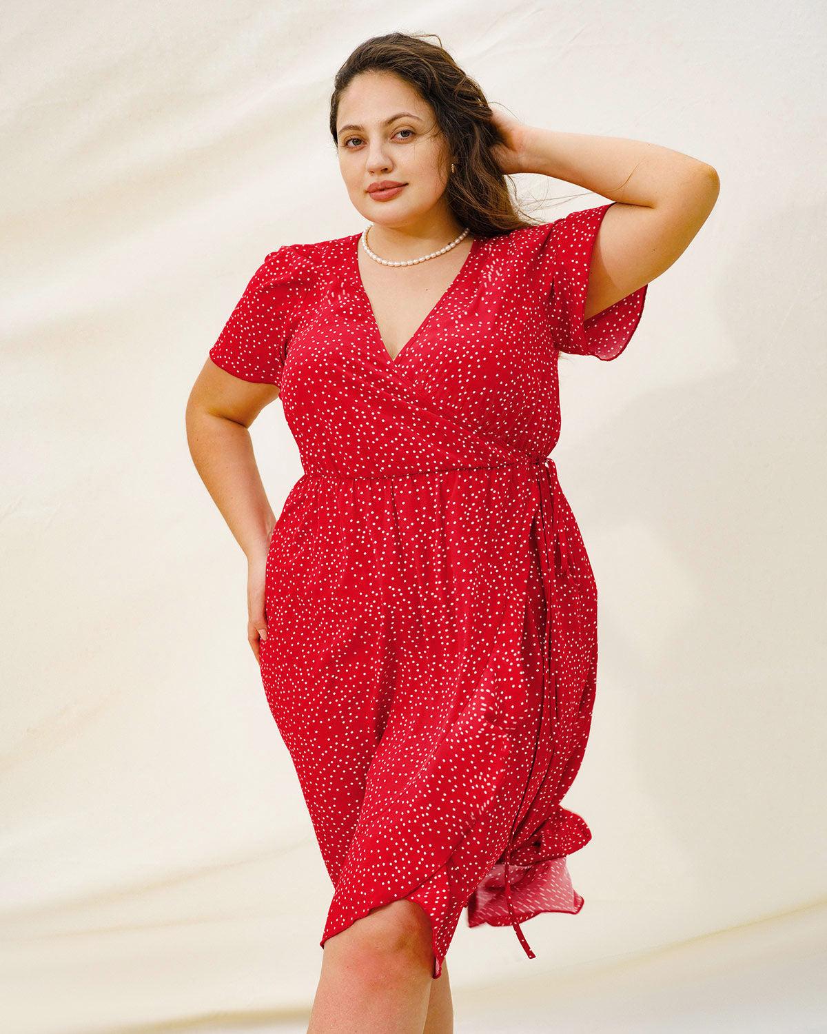 Plus Size Red V Neck Polka Dot  Midi Dress Product Image