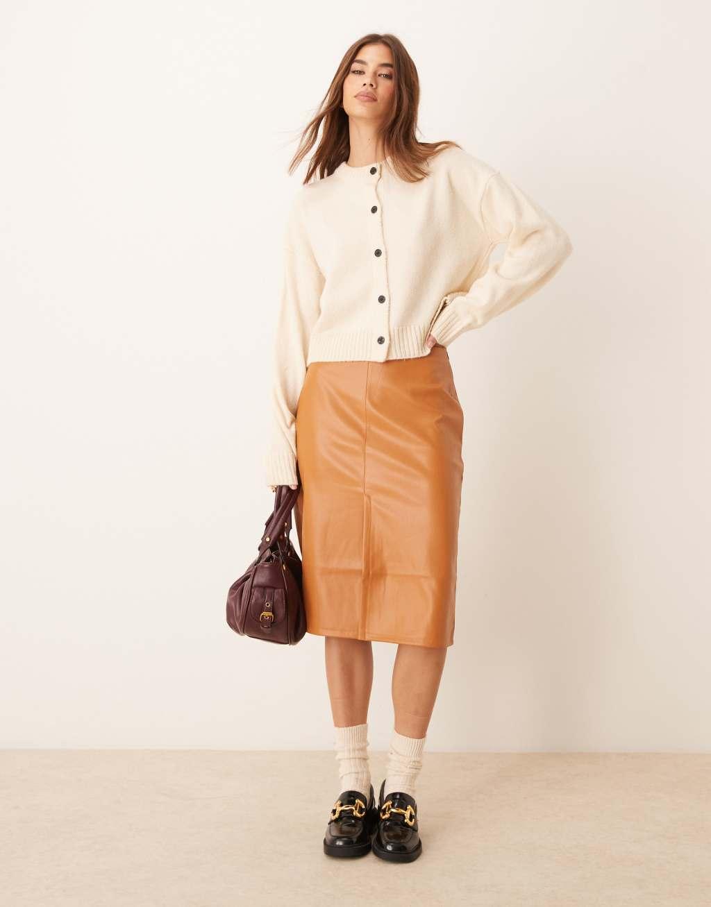 ASOS DESIGN knit crew neck cardigan with contrast black buttons in cream Product Image