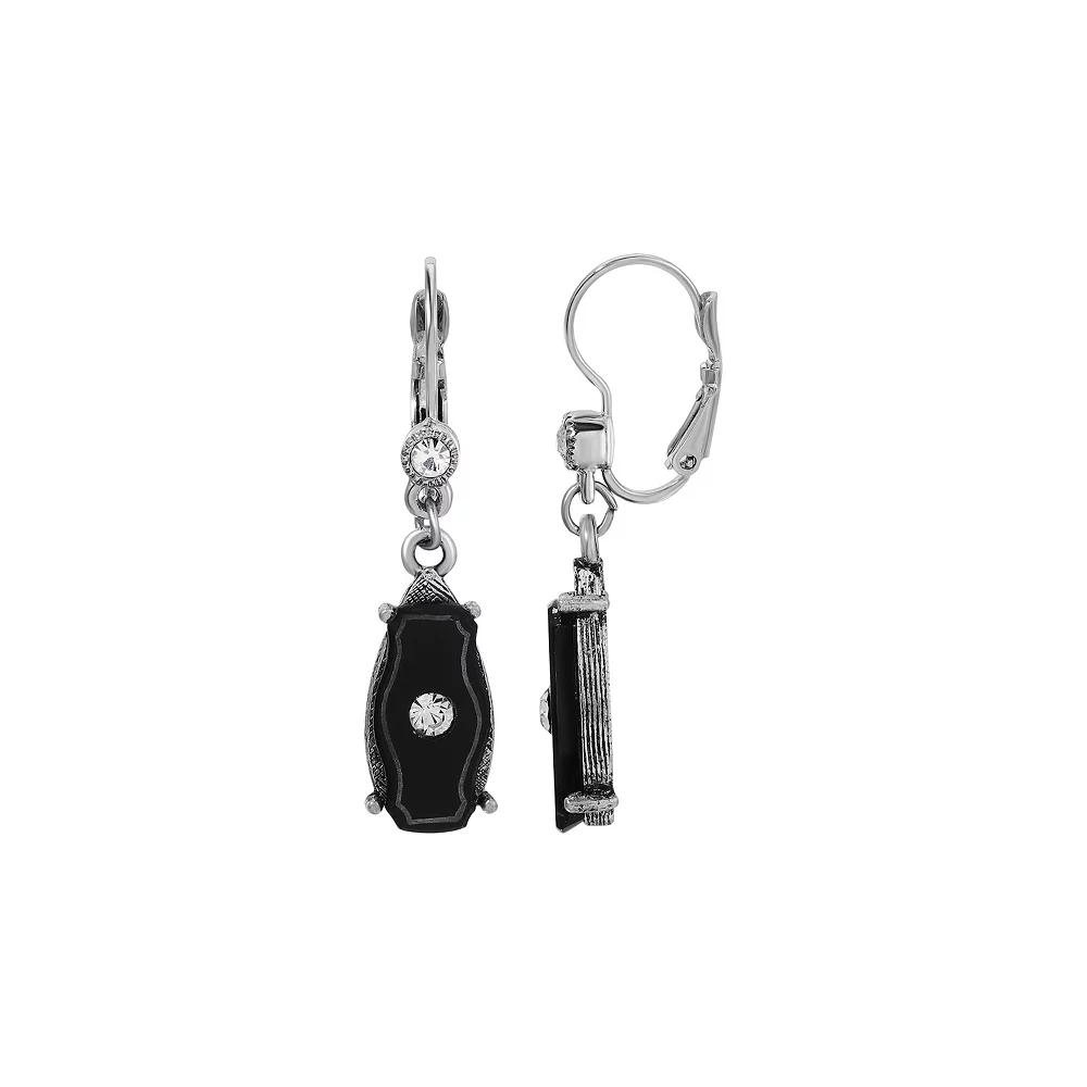 1928 Silver Tone Jet and Crystal Leverback Earrings, Women's, Black Product Image