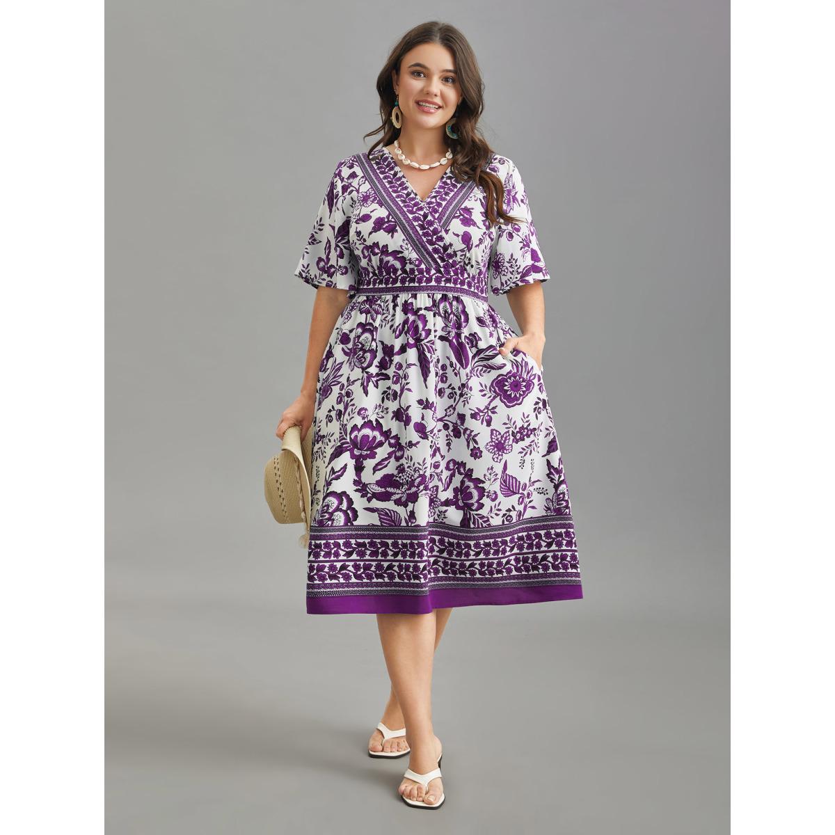 Plus Size Floral Print Wrap-Neck Pocket Midi Dress Mauve Women Resort Non Overlap Collar Short sleeve Curvy BloomChic 14-16/1X Product Image