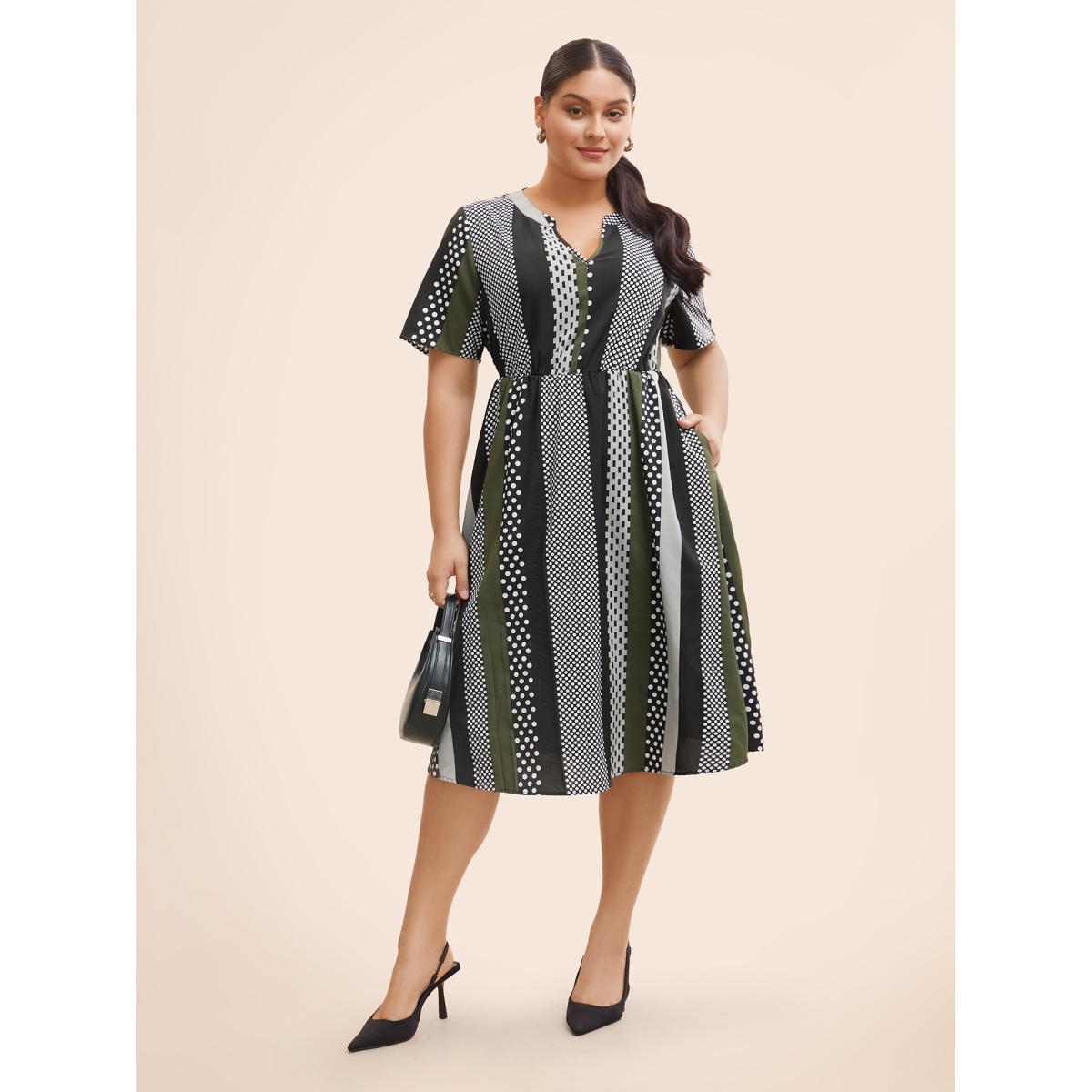 Plus Size Notched Geometric Patchwork Contrast Midi Dress ArmyGreen Women At the Office Non Flat collar with V-notch Short sleeve Curvy BloomChic 26/4X Product Image