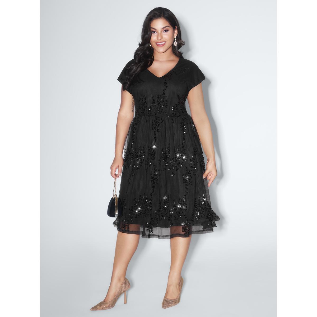 Plus Size Sequin Embellished V-Neck Midi Dress Black Women Party&Cocktail V-neck Cap Sleeve Curvy BloomChic 18-20/2X Product Image