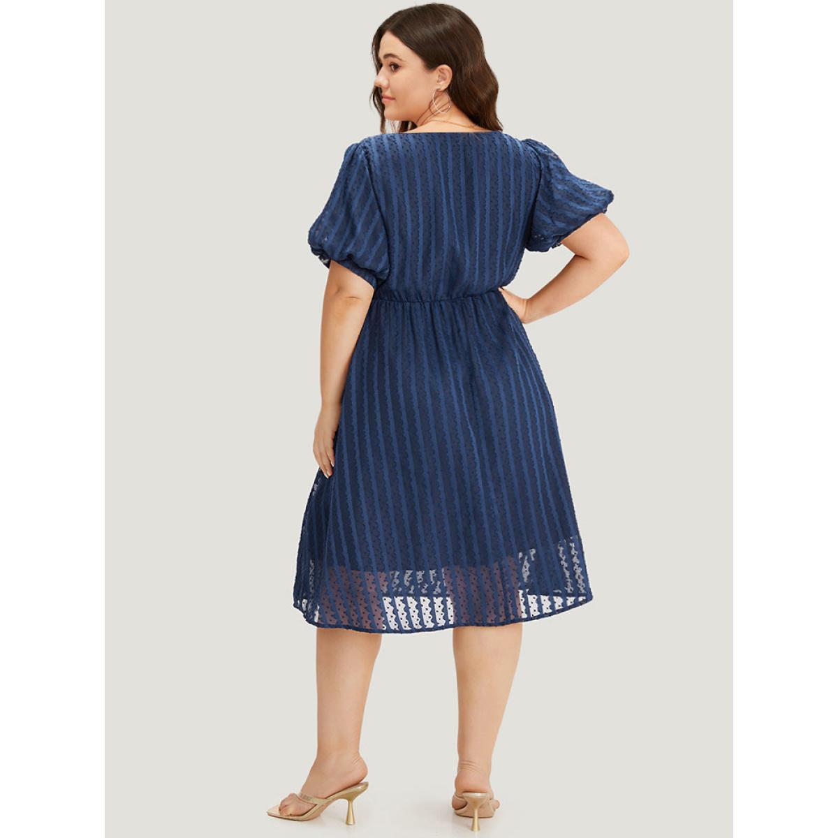 Plus Size Plain Textured Geometric Pocket Puff Sleeve Mesh Dress DarkBlue Women Elegant See through Round Neck Short sleeve Curvy Midi Dress BloomChic 22-24/3X Product Image