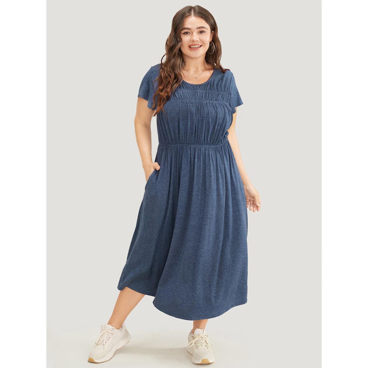 Plus Size Plain Gathered Pocket Round Neck Ruffle Sleeve Dress DarkBlue Women Office Gathered Round Neck Short sleeve Curvy Midi Dress BloomChic 18-20/2X Product Image