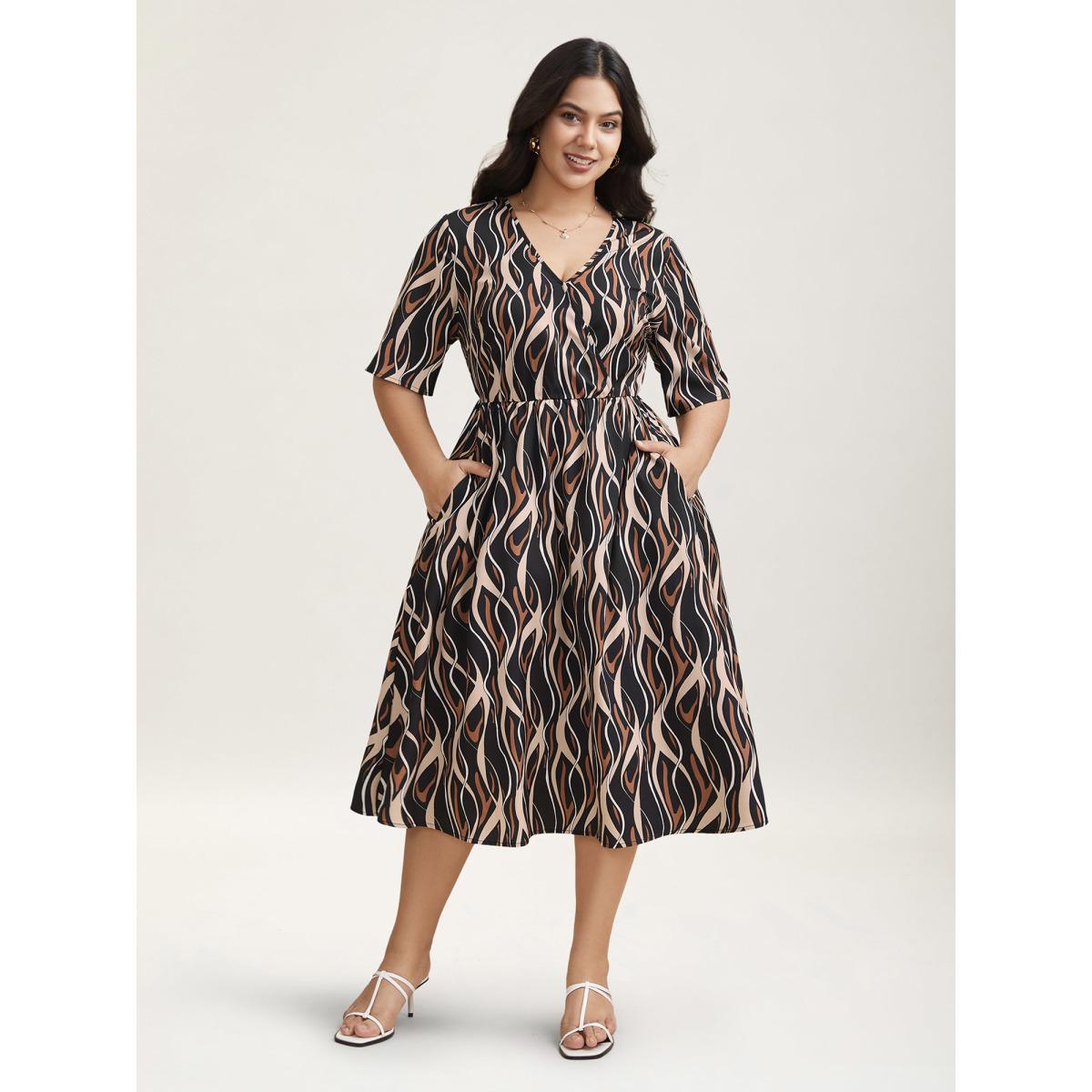 Plus Size Abstract Print Surplice Neck Pockets Midi Dress BlackFlower Women Elegant Non Overlap Collar Short sleeve Curvy BloomChic 14-16/1X Product Image