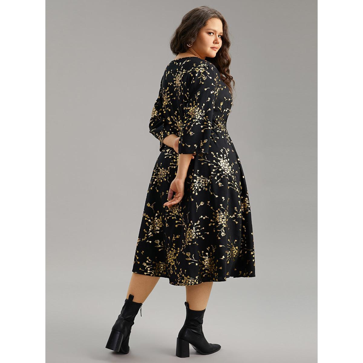 Plus Size Floral Glitter Pocket Gathered Detail Dress Black Women Elegant Wrap Overlap Collar Elbow-length sleeve Curvy Midi Dress BloomChic 14-16/1X Product Image