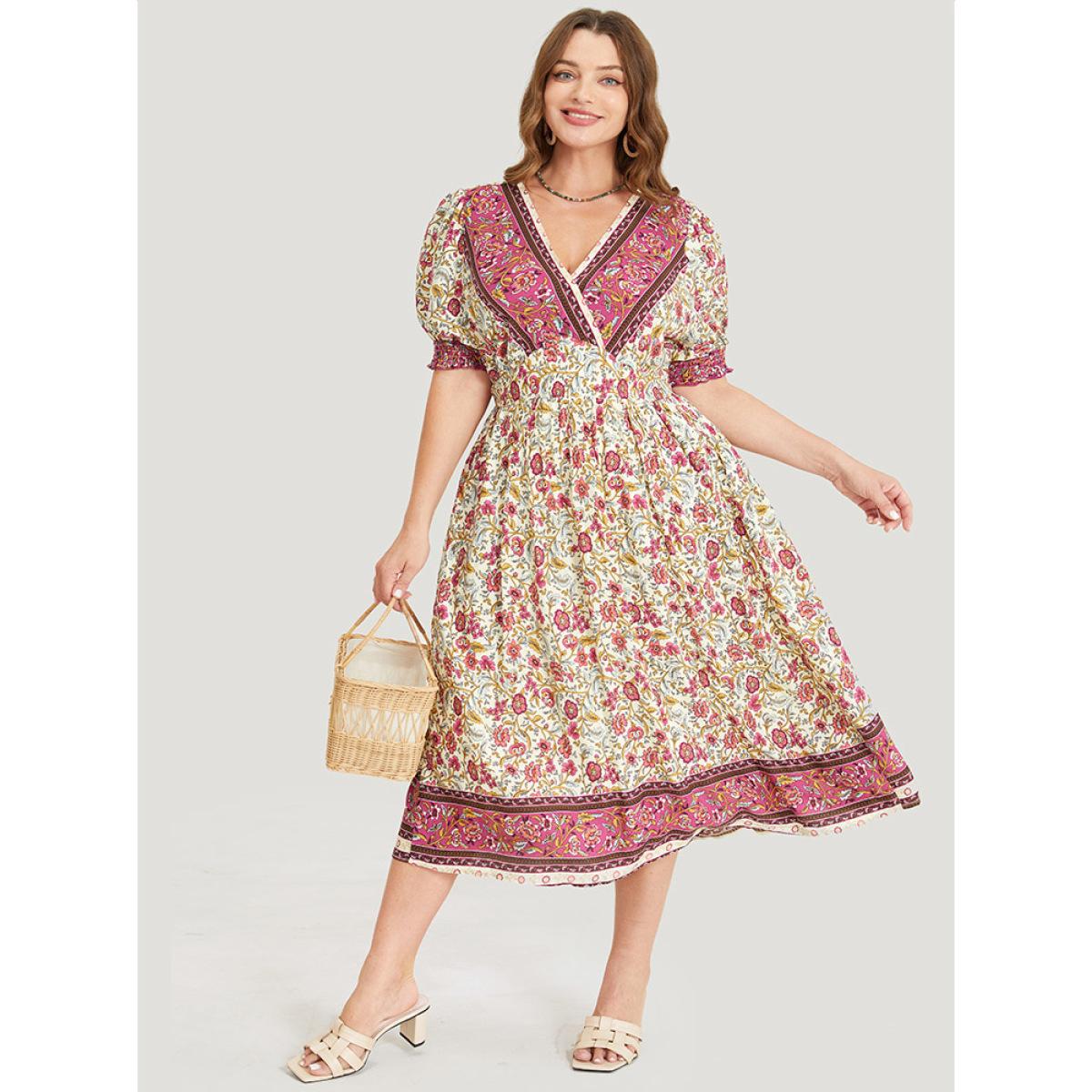 Plus Size Bandana Print Surplice Neck Pocket Shirred Puff Sleeve Dress Apricot Women Vacation Overlap Collar Short sleeve Curvy Midi Dress BloomChic 18-20/2X Product Image