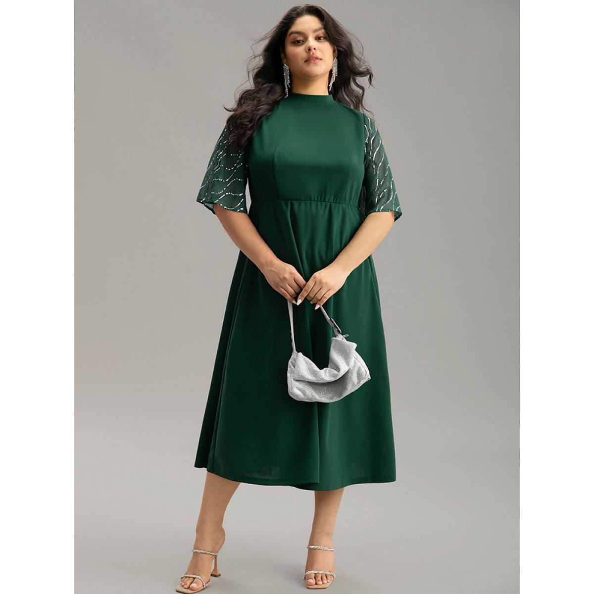 Plus Size Plain Mesh Sequin Patchwork Ruffle Sleeve Dress DarkGreen Women Party Sequin Stand-up collar Short sleeve Curvy Midi Dress BloomChic 14-16/1X Product Image