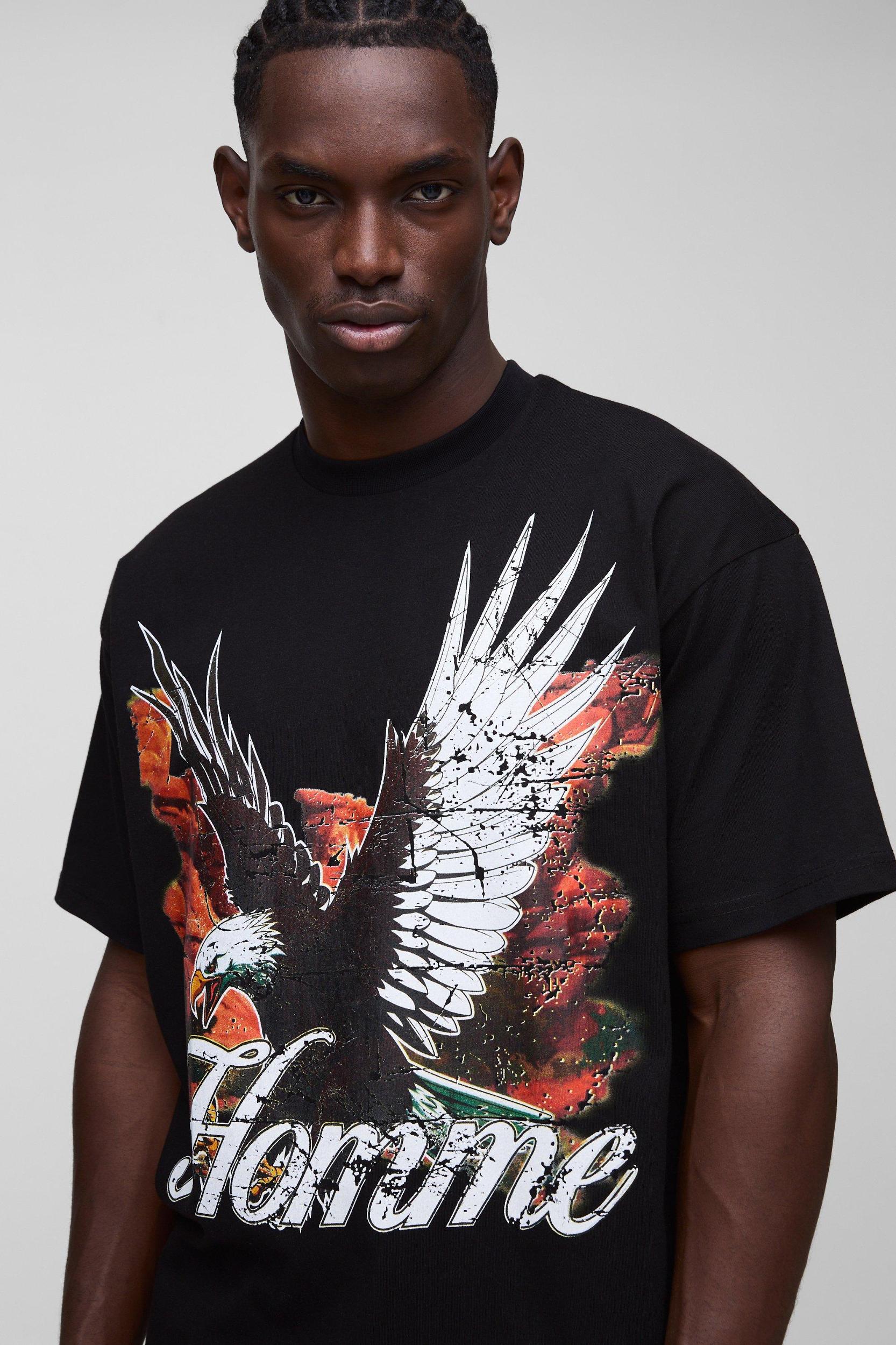 Oversized Distressed Graphic T-Shirt With Woven Label | boohooMAN USA Product Image