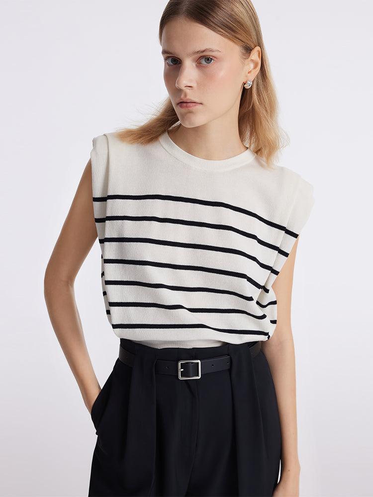 Striped Knitted Women Tank Top With Shoulder Pads Product Image