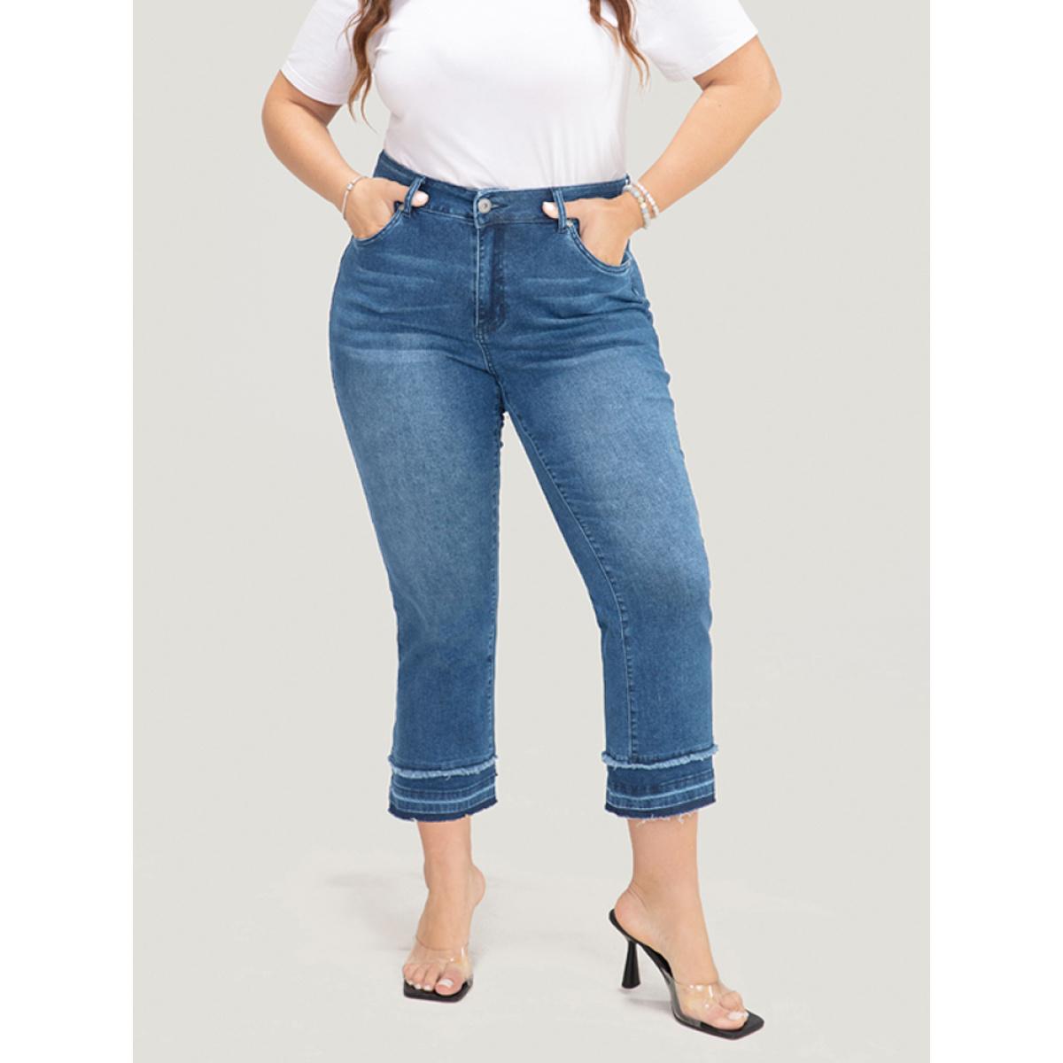 Plus Size Bootcut Very Stretchy High Rise Dark Wash Fringe Detail Jeans Women Blue Casual Plain High stretch Slanted pocket Jeans BloomChic 10/M Product Image