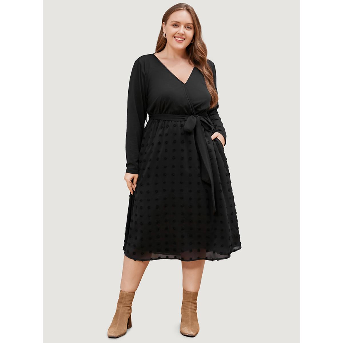 Plus Size Solid Surplice Neck Pocket Mesh Patchwork Belted Dress Black Women Casual Elastic Waist V-neck Long Sleeve Curvy Midi Dress BloomChic 28/5X Product Image