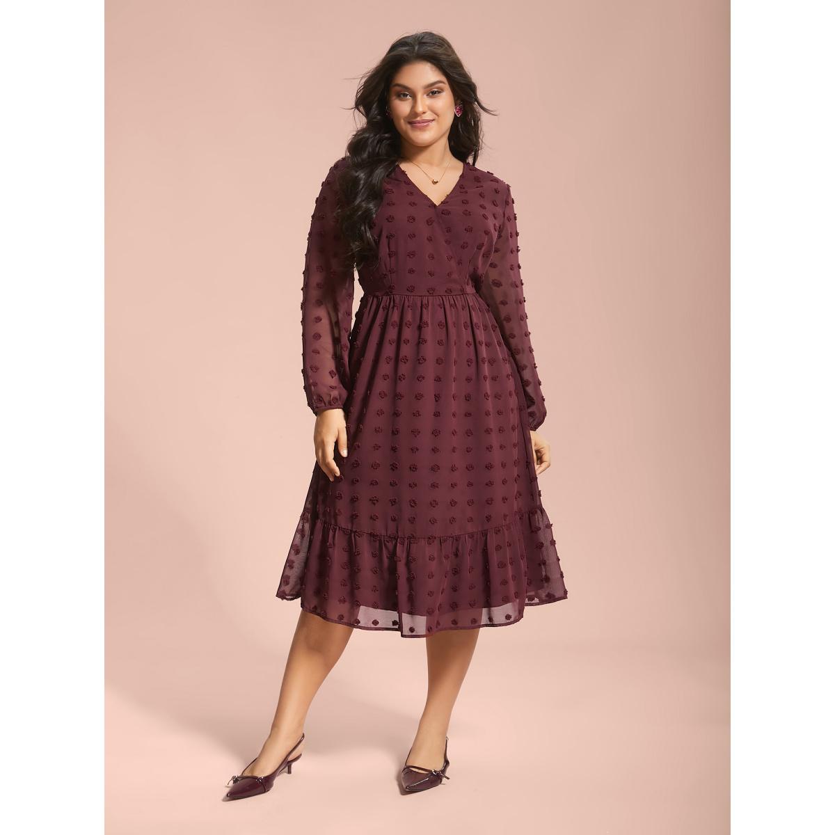 Plus Size Surplice Neck Textured Tiered Dress Burgundy Women Elegant Texture Overlap Collar Long Sleeve Curvy BloomChic 12/L Product Image