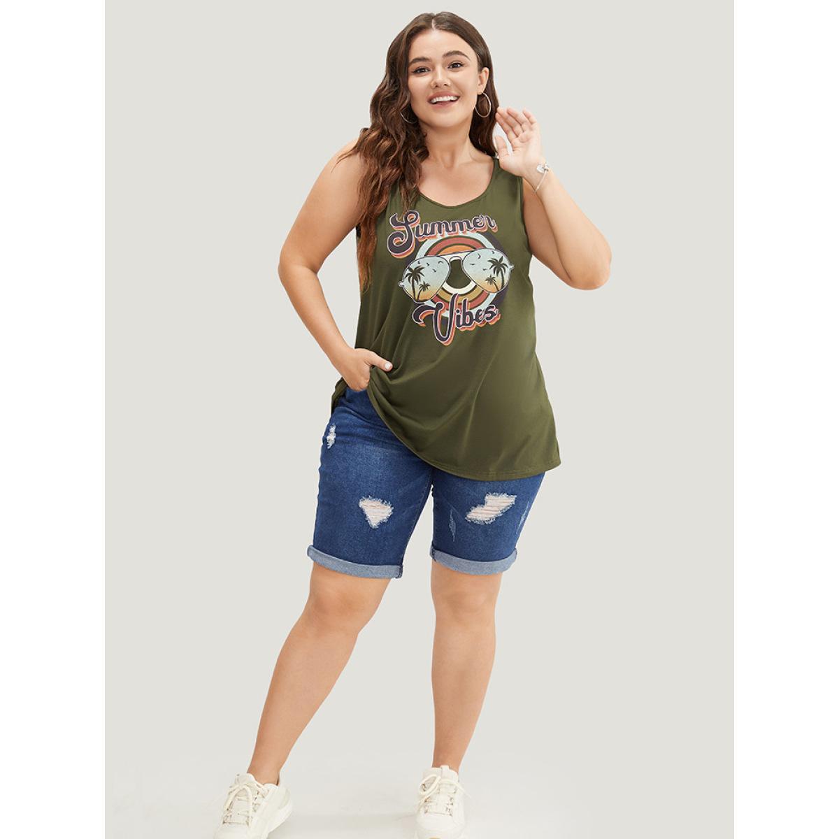 Plus Size Letter & Graphic Print Round Neck Tank Top Women ArmyGreen Casual Dailywear Tank Tops Camis BloomChic 12/L Product Image