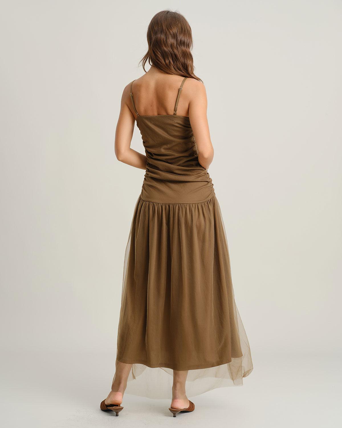 Brown Ruched Mesh Slip Maxi Dress Product Image