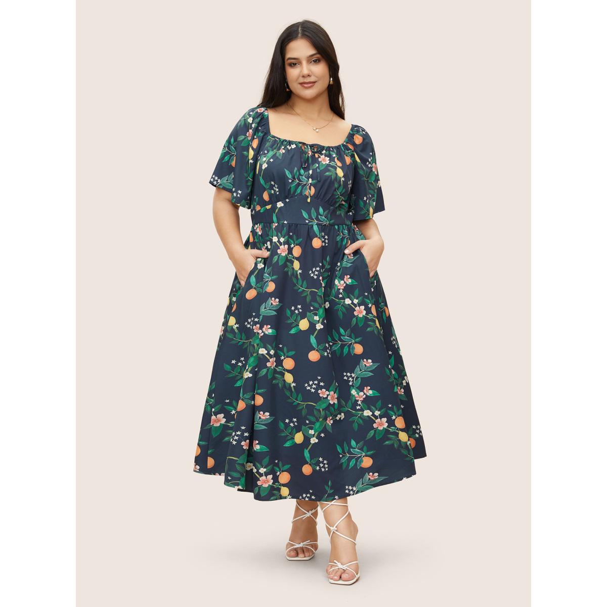 Plus Size Citrus Orange Print Square Neck Gathered Drawstring Dress Navy Women Elegant Tie knot Square Neck Half Sleeve Curvy Midi Dress BloomChic 14-16/1X Product Image
