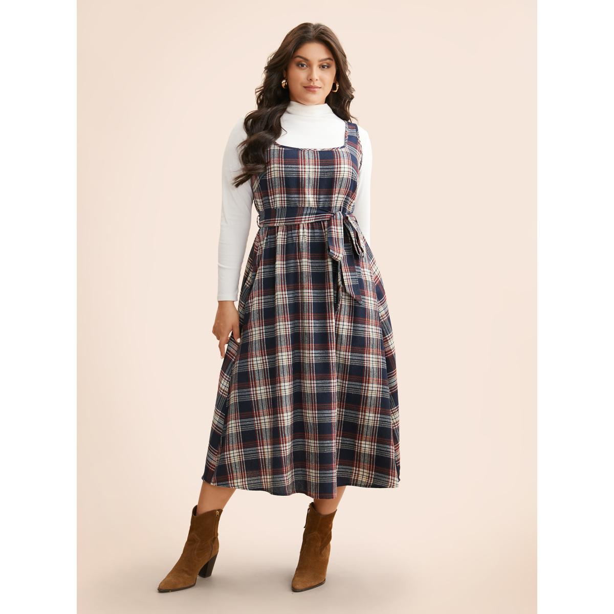 Plus Size Square Neck Plaid Belted Dress DarkBlue Women Elegant Belted Square Neck Sleeveless Curvy BloomChic 22-24/3X Product Image