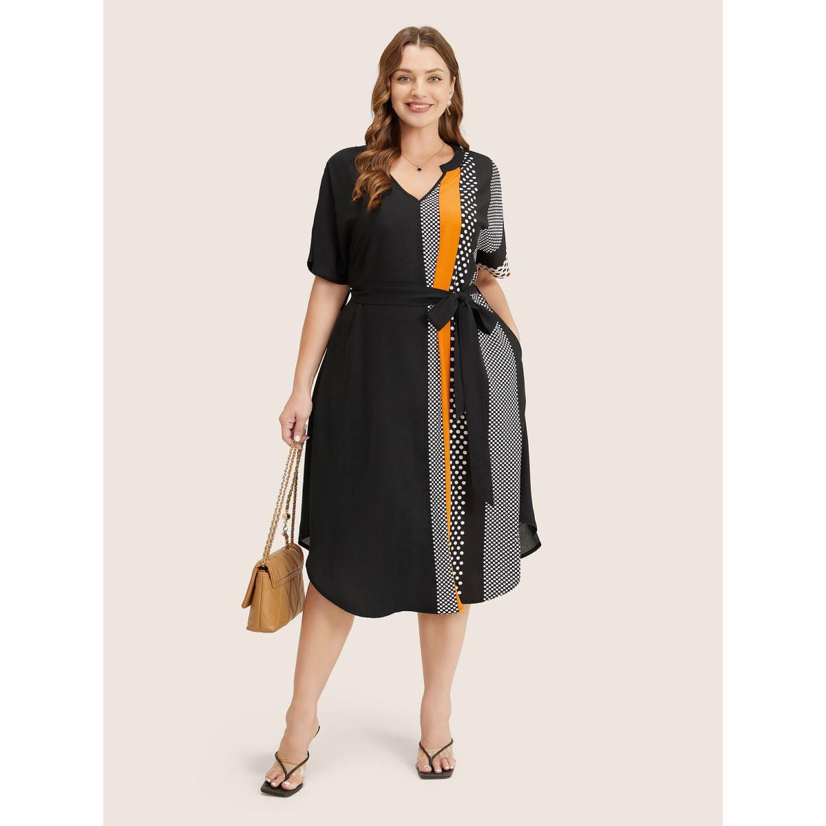 Plus Size Striped Patchwork Arc Hem Pocket Batwing Sleeve Belt Dress Black Women Resort Non Notched collar Short sleeve Curvy Midi Dress BloomChic 14-16/1X Product Image