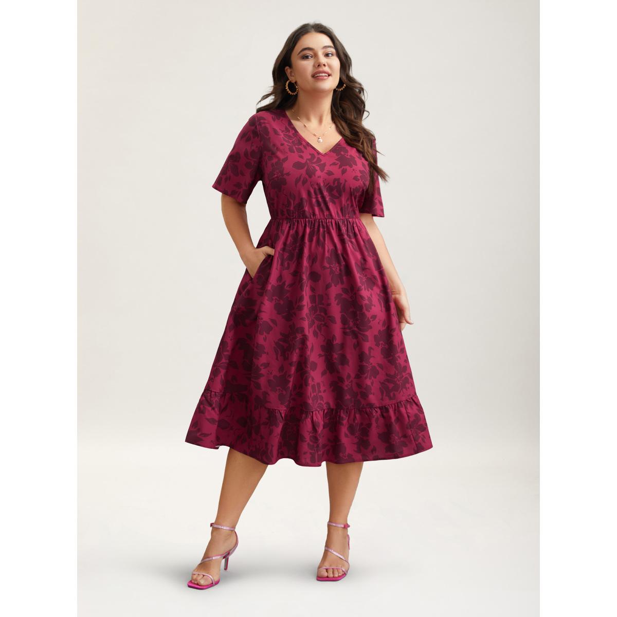 Plus Size Romantic Flower Print Pockets Midi Dress RedViolet Women Elegant Non V-neck Short sleeve Curvy BloomChic 14-16/1X Product Image