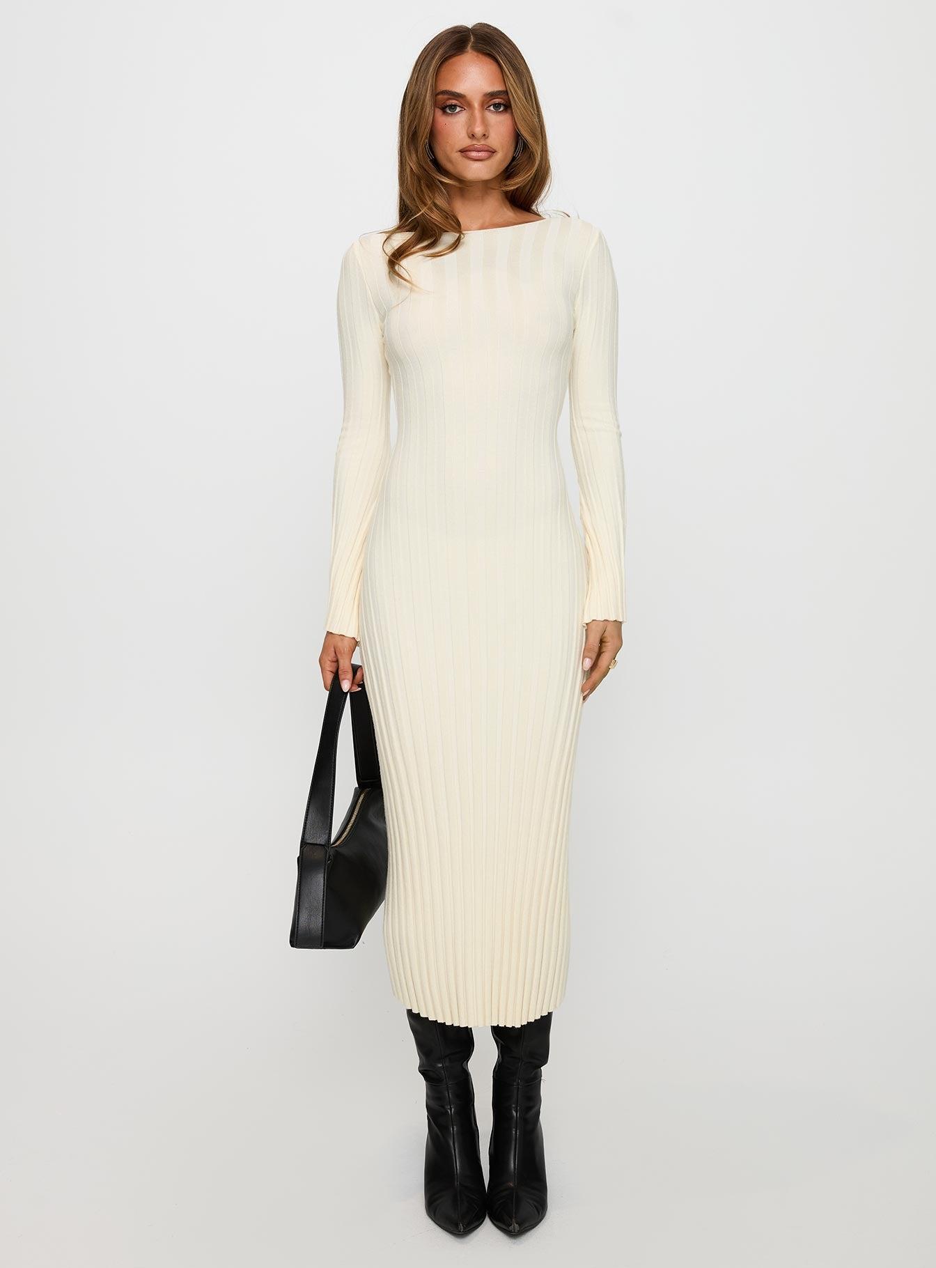 Ryo Long Sleeve Rib Maxi Dress Cream Product Image