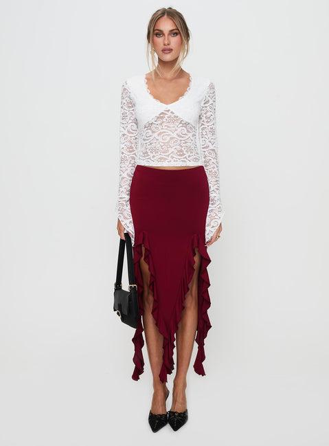 Peachey Asymmetric Ruffle Midi Skirt Burgundy Product Image