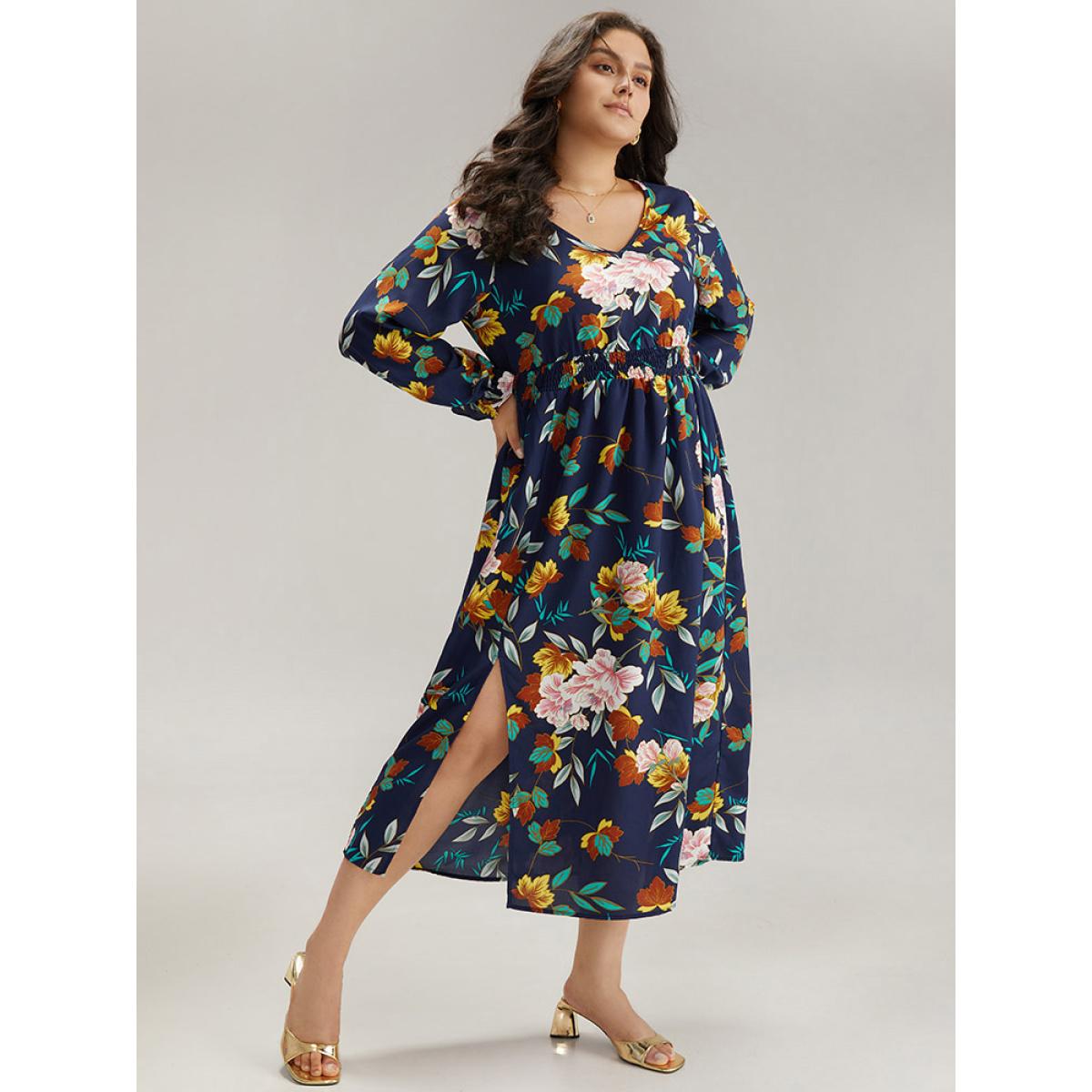 Plus Size Floral Print Split Side Ruffle Trim Dress Navy Women Elegant Printed V-neck Long Sleeve Curvy Midi Dress BloomChic 22-24/3X Product Image
