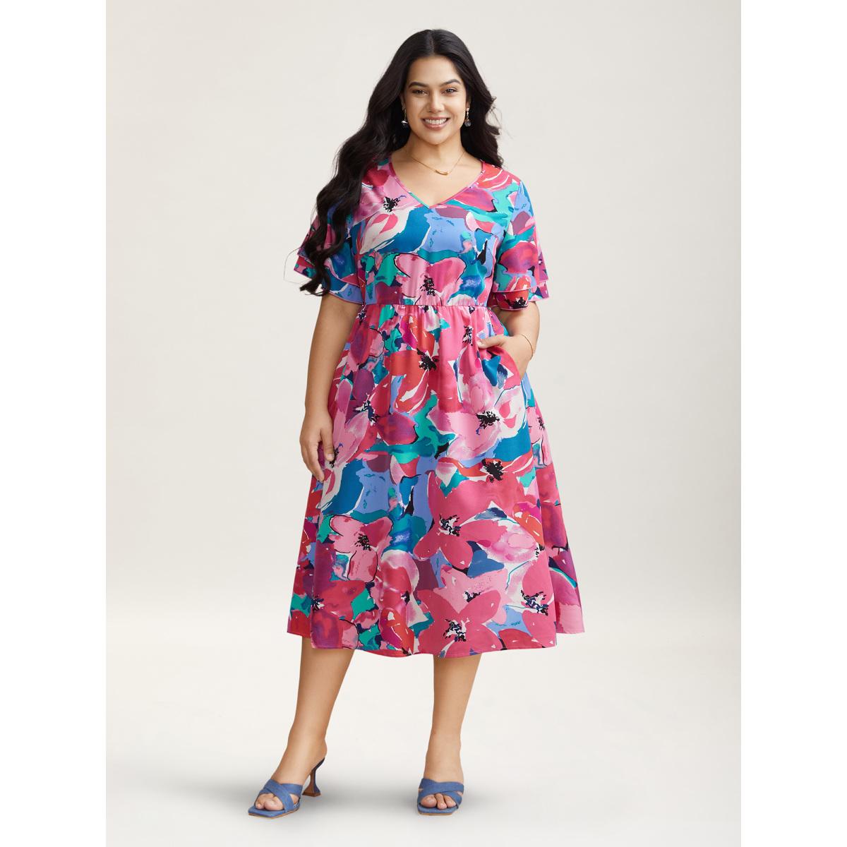Plus Size Multi-Color Floral V-Neck Pockets Midi Dress Skyblue Women Elegant Ruffles V-neck Short sleeve Curvy BloomChic 12/L Product Image