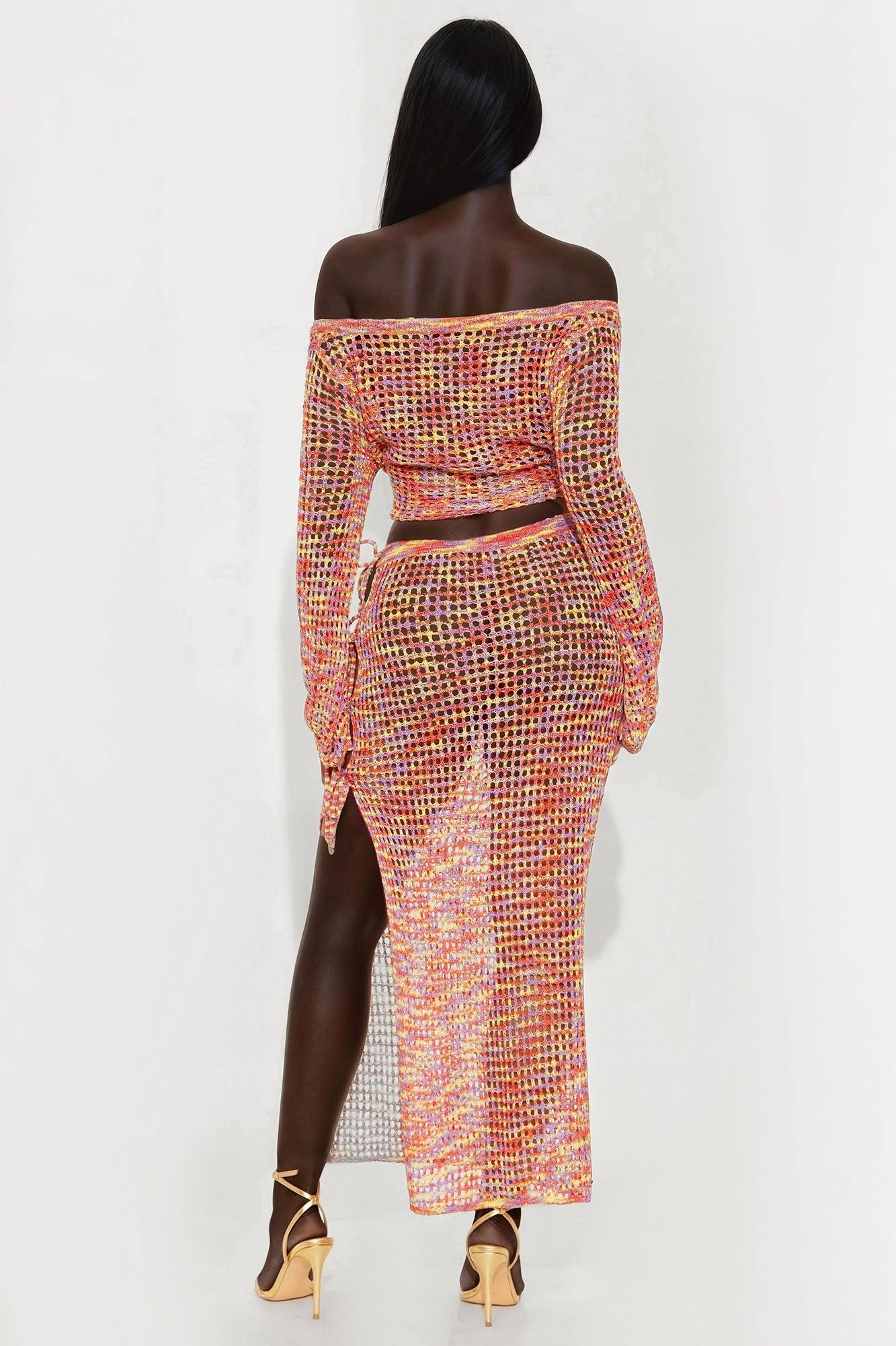 Riley Crochet Off Shoulder Maxi Skirt Set - Orange/combo Female Product Image