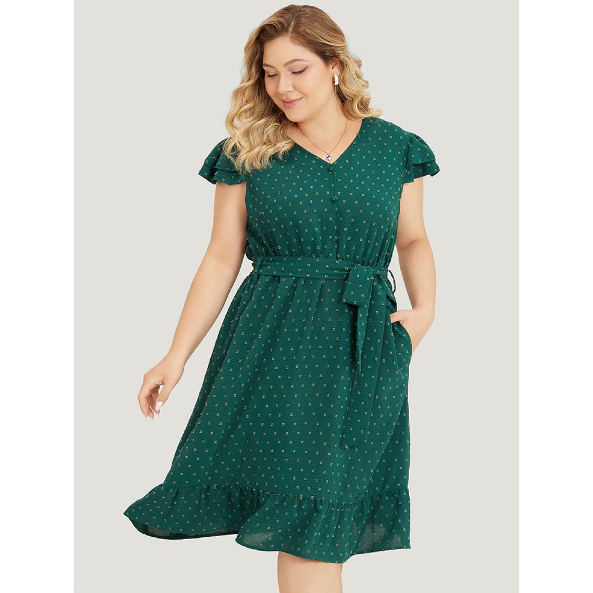 Plus Size Polka Dot Layered Sleeve Pocket Button Up Belted Flutter Dress Green Women Elegant Button V-neck Cap Sleeve Curvy Knee Dress BloomChic 30/6X Product Image