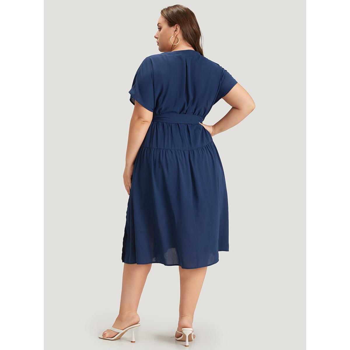 Plus Size Plain Wrap Belted Ruffles Split Hem Dress DarkBlue Women Elegant V-neck Short sleeve Curvy Midi Dress BloomChic 14-16/1X Product Image