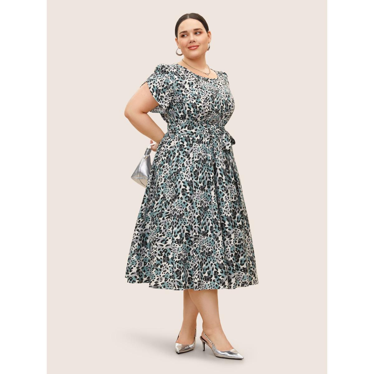Plus Size Leopard Print Petal Sleeve Belted Dress Teal Women At the Office Belted Round Neck Short sleeve Curvy BloomChic 18-20/2X Product Image