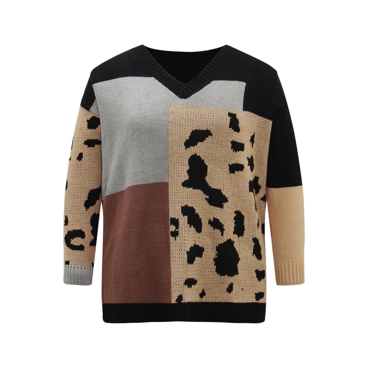 Plus Size Leopard Colorblock Contrast Pullover Black Women Casual Loose Long Sleeve V-neck Everyday Pullovers BloomChic 18-20/2X Product Image