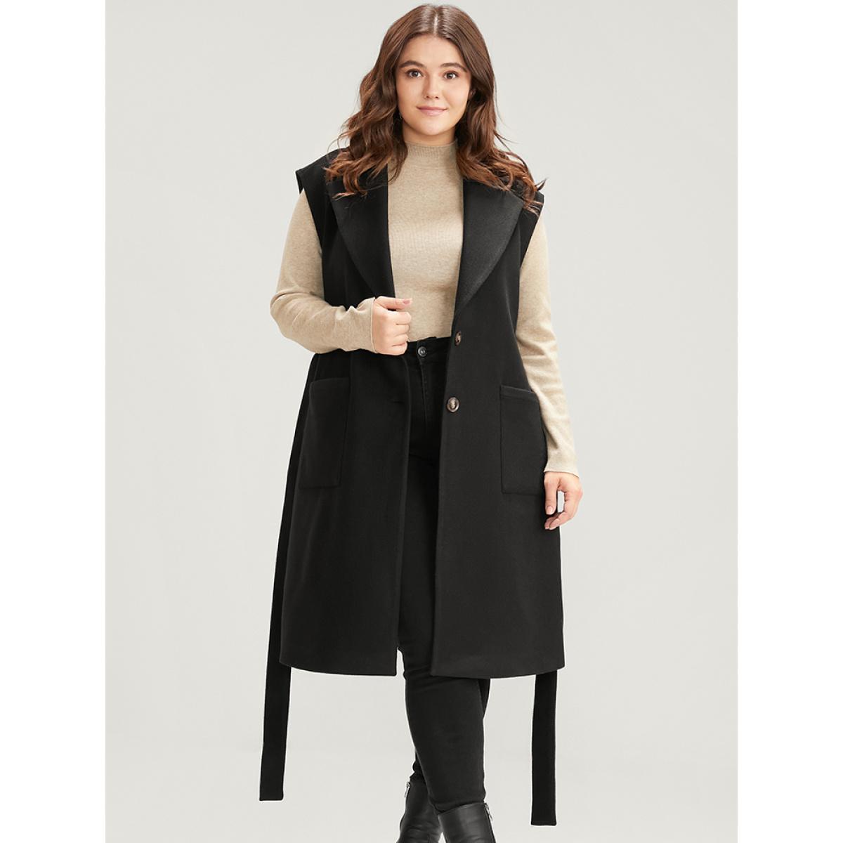 Plus Size Solid Suit Collar Pocket Belted Sleeveless Coat Women Black Office Cross straps Ladies Office Winter Coats BloomChic 26/4X Product Image
