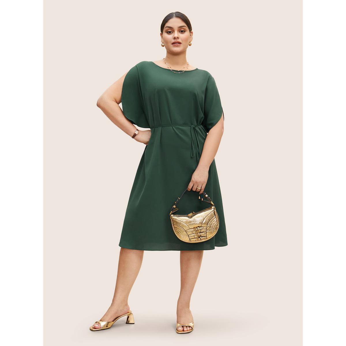 Plus Size Solid Boat Neck Dolman Sleeve Belted Dress DarkGreen Women Work From Home Belted Boat Neck Cap Sleeve Curvy BloomChic 14-16/1X Product Image