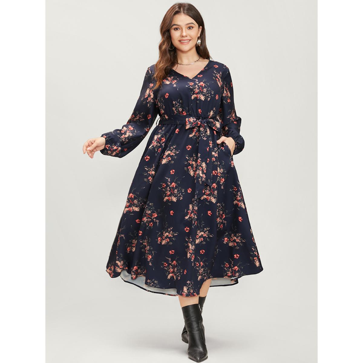 Plus Size Floral Print V Neck Lantern Sleeve Pocket Belted Dress Navy Women Elegant Elastic Waist V-neck Long Sleeve Curvy Midi Dress BloomChic 26/4X Product Image